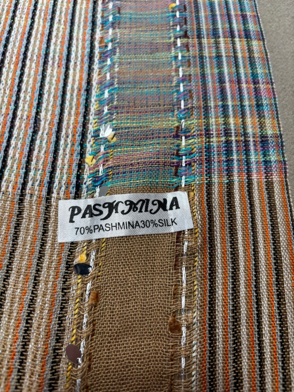 Boho Pashmina Silk Blend Sequin Striped Scarf Wrap - Tan & Multicolored